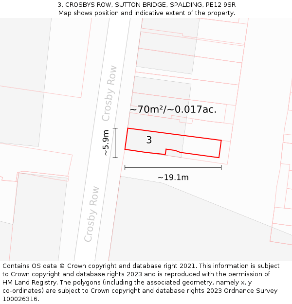 3, CROSBYS ROW, SUTTON BRIDGE, SPALDING, PE12 9SR: Plot and title map