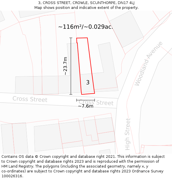 3, CROSS STREET, CROWLE, SCUNTHORPE, DN17 4LJ: Plot and title map