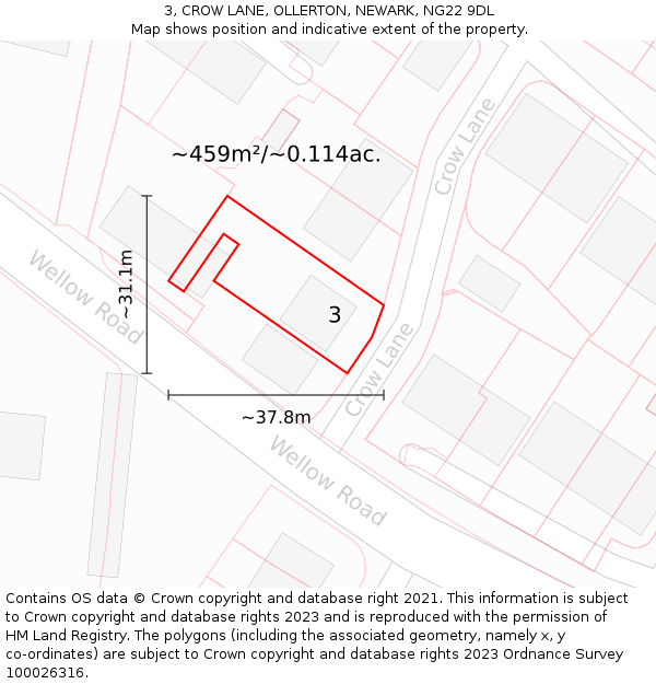 3, CROW LANE, OLLERTON, NEWARK, NG22 9DL: Plot and title map