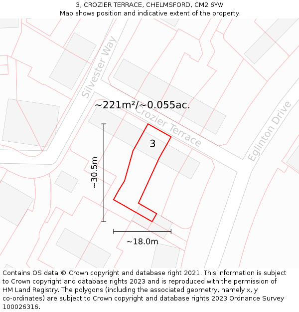 3, CROZIER TERRACE, CHELMSFORD, CM2 6YW: Plot and title map