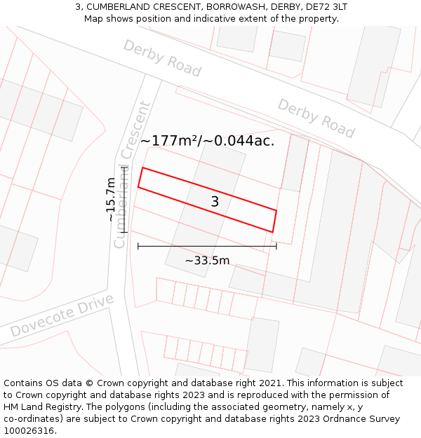 3, CUMBERLAND CRESCENT, BORROWASH, DERBY, DE72 3LT: Plot and title map