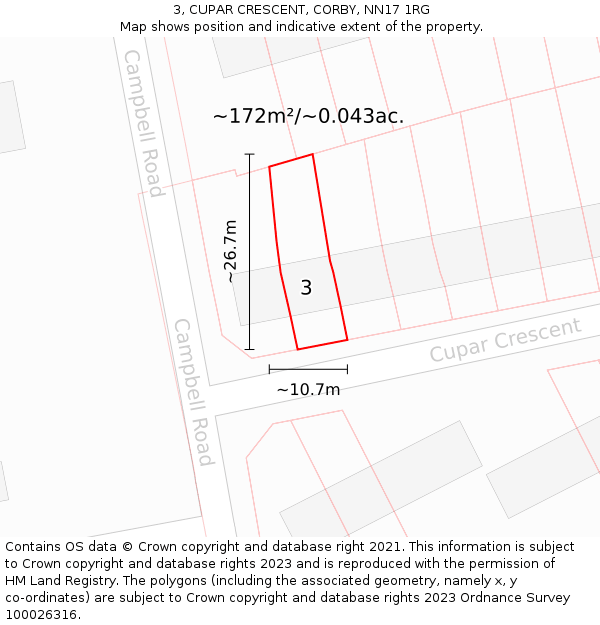3, CUPAR CRESCENT, CORBY, NN17 1RG: Plot and title map