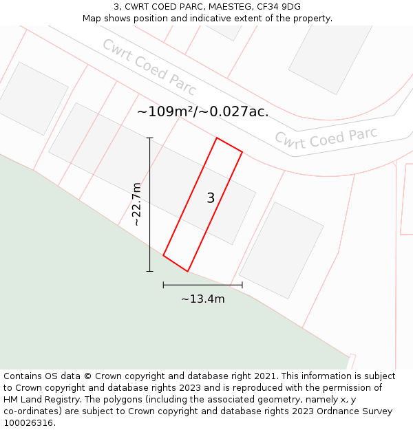 3, CWRT COED PARC, MAESTEG, CF34 9DG: Plot and title map