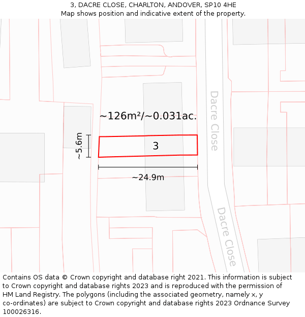 3, DACRE CLOSE, CHARLTON, ANDOVER, SP10 4HE: Plot and title map