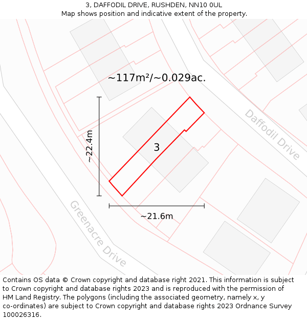 3, DAFFODIL DRIVE, RUSHDEN, NN10 0UL: Plot and title map