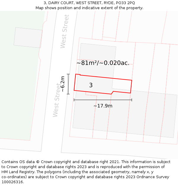 3, DAIRY COURT, WEST STREET, RYDE, PO33 2PQ: Plot and title map