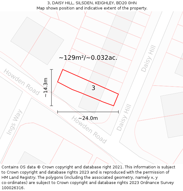 3, DAISY HILL, SILSDEN, KEIGHLEY, BD20 0HN: Plot and title map