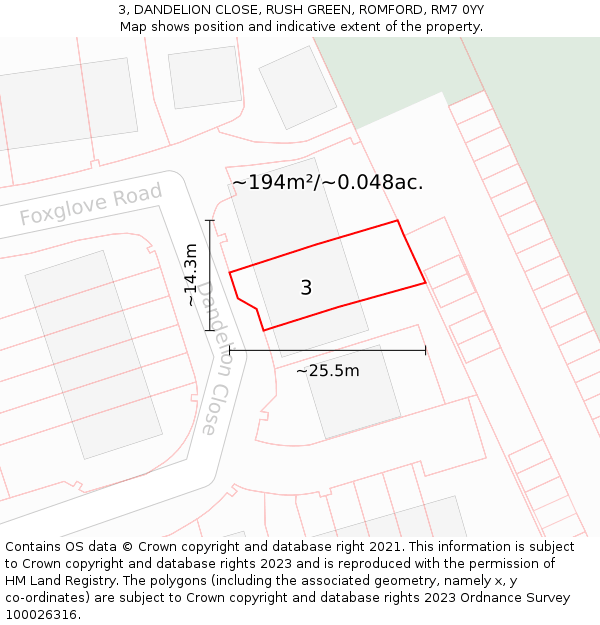 3, DANDELION CLOSE, RUSH GREEN, ROMFORD, RM7 0YY: Plot and title map