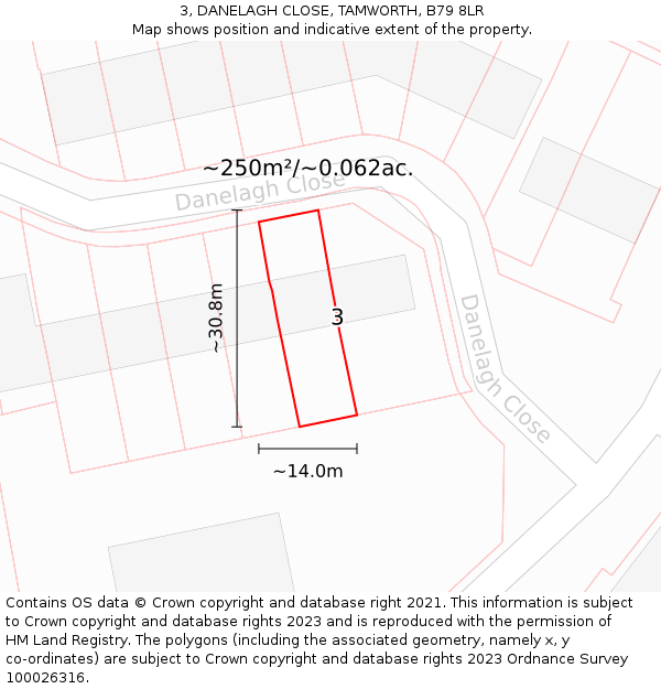 3, DANELAGH CLOSE, TAMWORTH, B79 8LR: Plot and title map