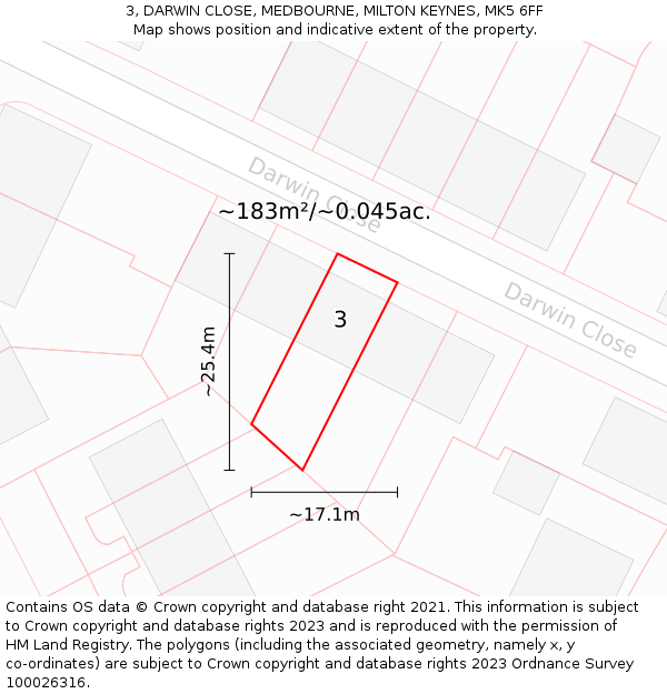 3, DARWIN CLOSE, MEDBOURNE, MILTON KEYNES, MK5 6FF: Plot and title map