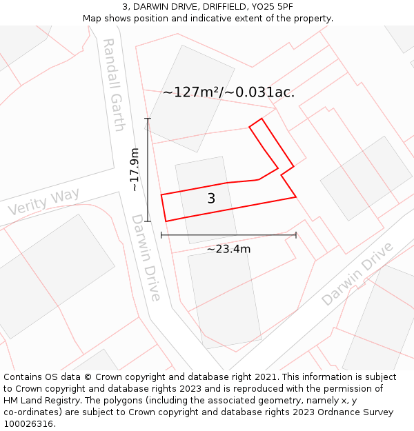 3, DARWIN DRIVE, DRIFFIELD, YO25 5PF: Plot and title map