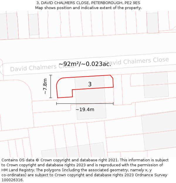 3, DAVID CHALMERS CLOSE, PETERBOROUGH, PE2 9ES: Plot and title map