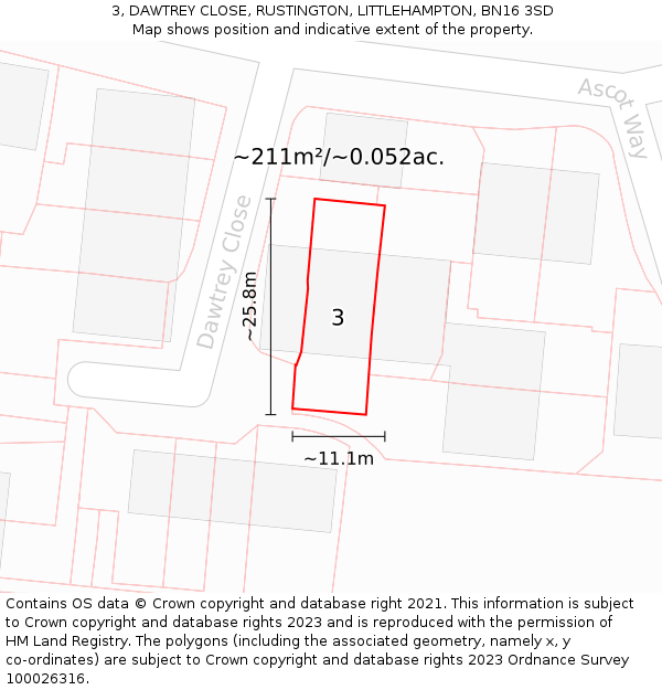 3, DAWTREY CLOSE, RUSTINGTON, LITTLEHAMPTON, BN16 3SD: Plot and title map