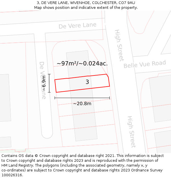 3, DE VERE LANE, WIVENHOE, COLCHESTER, CO7 9AU: Plot and title map