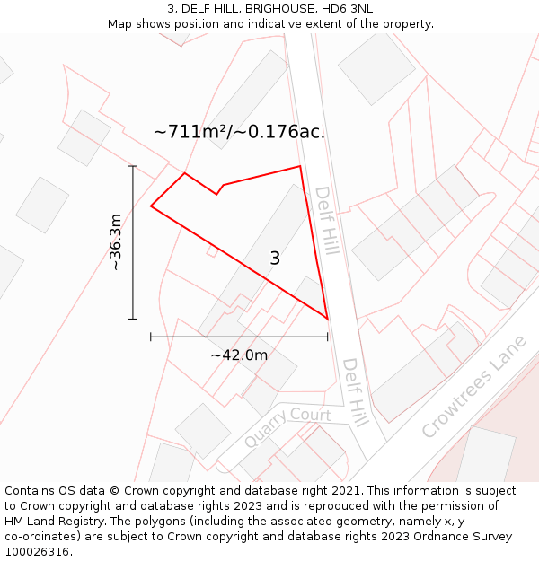 3, DELF HILL, BRIGHOUSE, HD6 3NL: Plot and title map