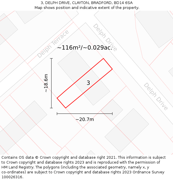 3, DELPH DRIVE, CLAYTON, BRADFORD, BD14 6SA: Plot and title map