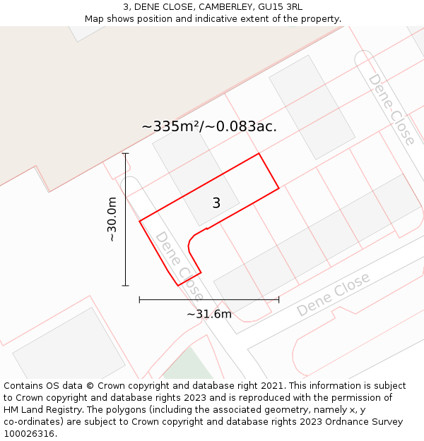 3, DENE CLOSE, CAMBERLEY, GU15 3RL: Plot and title map