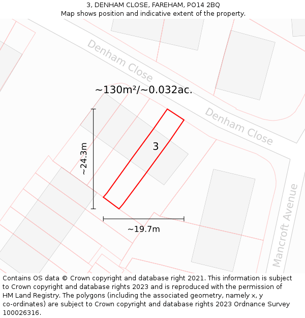 3, DENHAM CLOSE, FAREHAM, PO14 2BQ: Plot and title map