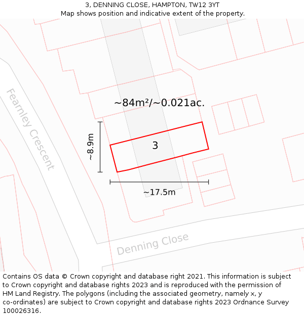 3, DENNING CLOSE, HAMPTON, TW12 3YT: Plot and title map