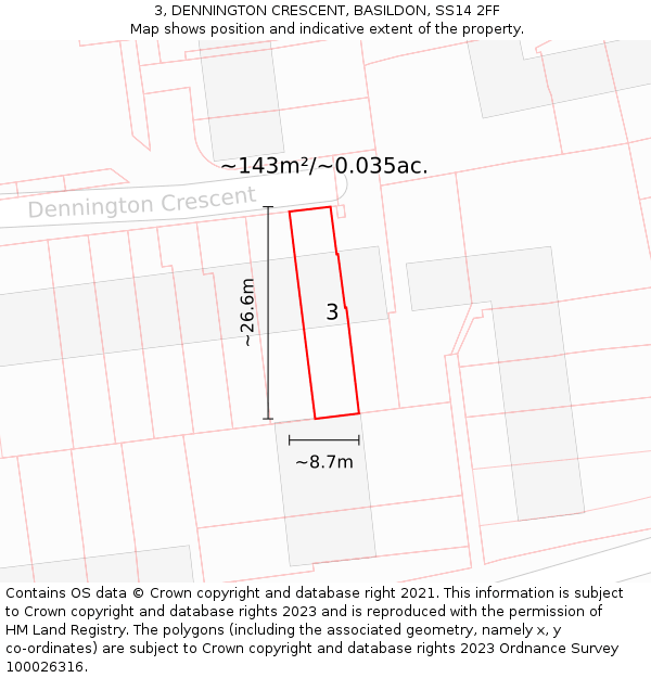 3, DENNINGTON CRESCENT, BASILDON, SS14 2FF: Plot and title map