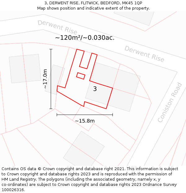 3, DERWENT RISE, FLITWICK, BEDFORD, MK45 1QP: Plot and title map