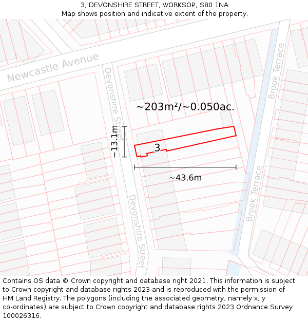 3, DEVONSHIRE STREET, WORKSOP, S80 1NA: Plot and title map