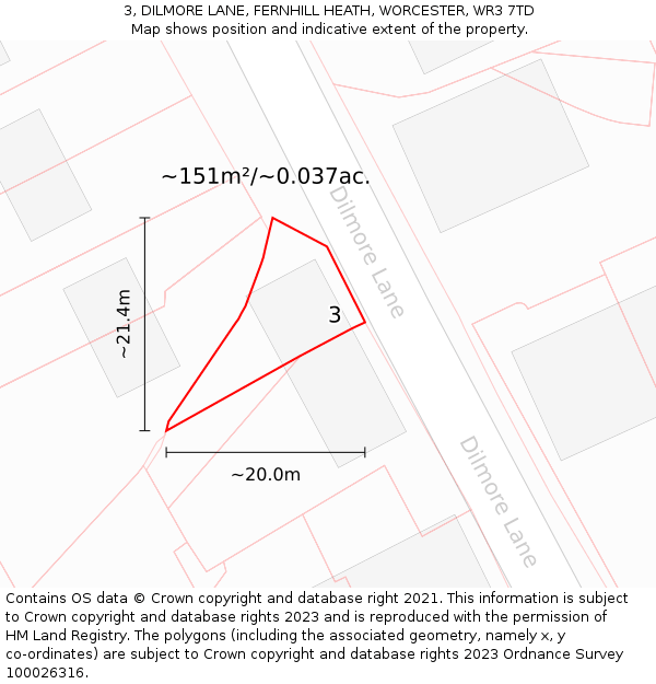 3, DILMORE LANE, FERNHILL HEATH, WORCESTER, WR3 7TD: Plot and title map