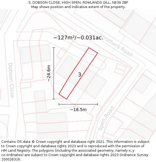 3, DOBSON CLOSE, HIGH SPEN, ROWLANDS GILL, NE39 2BF: Plot and title map