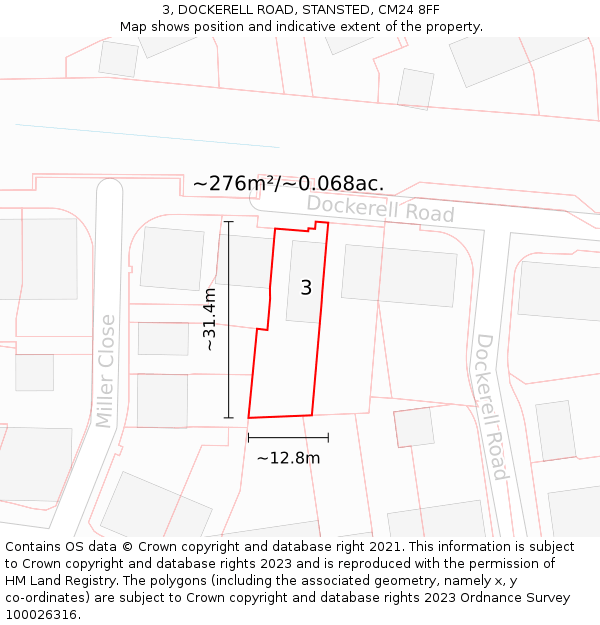 3, DOCKERELL ROAD, STANSTED, CM24 8FF: Plot and title map