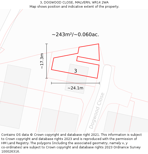 3, DOGWOOD CLOSE, MALVERN, WR14 2WA: Plot and title map