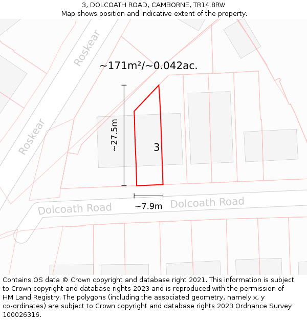 3, DOLCOATH ROAD, CAMBORNE, TR14 8RW: Plot and title map