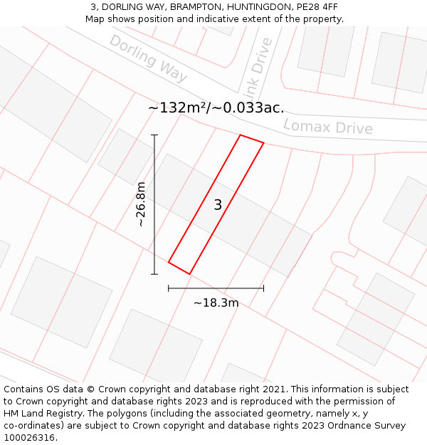 3, DORLING WAY, BRAMPTON, HUNTINGDON, PE28 4FF: Plot and title map
