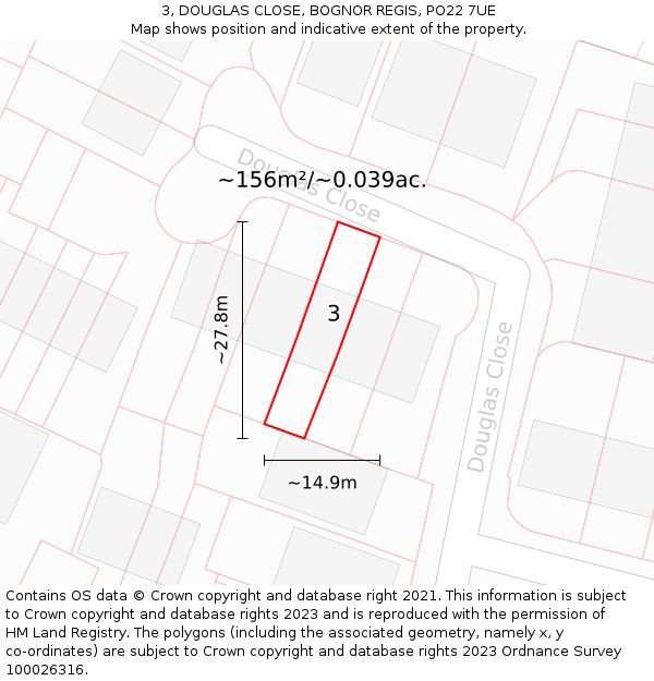 3, DOUGLAS CLOSE, BOGNOR REGIS, PO22 7UE: Plot and title map