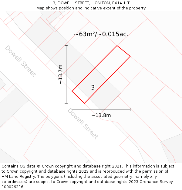 3, DOWELL STREET, HONITON, EX14 1LT: Plot and title map