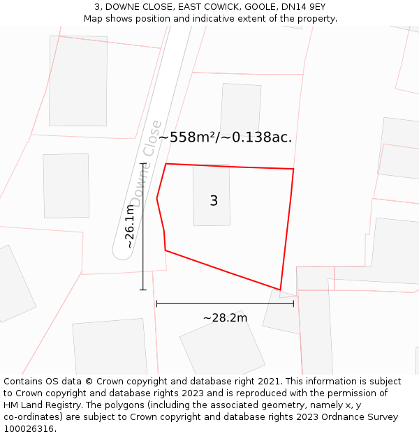 3, DOWNE CLOSE, EAST COWICK, GOOLE, DN14 9EY: Plot and title map