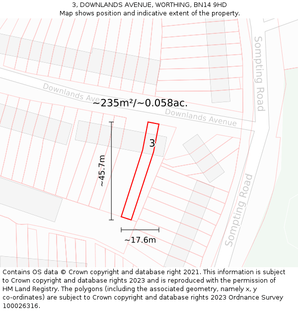3, DOWNLANDS AVENUE, WORTHING, BN14 9HD: Plot and title map