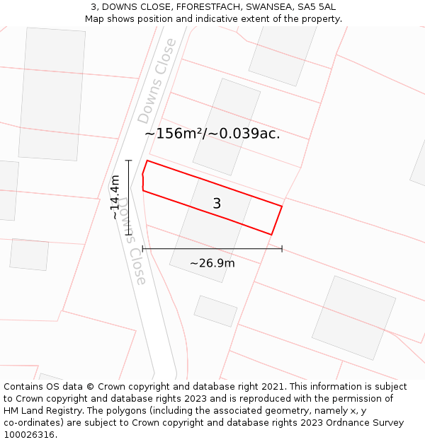 3, DOWNS CLOSE, FFORESTFACH, SWANSEA, SA5 5AL: Plot and title map