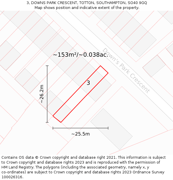3, DOWNS PARK CRESCENT, TOTTON, SOUTHAMPTON, SO40 9GQ: Plot and title map