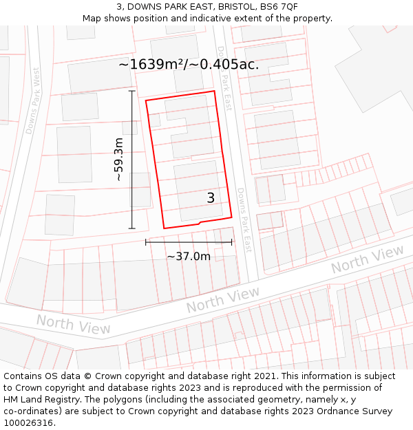 3, DOWNS PARK EAST, BRISTOL, BS6 7QF: Plot and title map