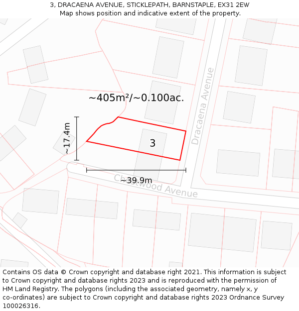 3, DRACAENA AVENUE, STICKLEPATH, BARNSTAPLE, EX31 2EW: Plot and title map