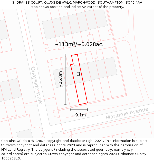 3, DRAKES COURT, QUAYSIDE WALK, MARCHWOOD, SOUTHAMPTON, SO40 4AA: Plot and title map