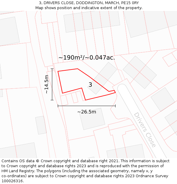 3, DRIVERS CLOSE, DODDINGTON, MARCH, PE15 0RY: Plot and title map