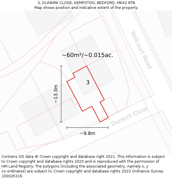 3, DUNKIRK CLOSE, KEMPSTON, BEDFORD, MK42 8TB: Plot and title map