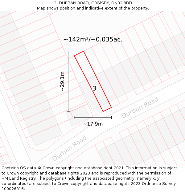 3, DURBAN ROAD, GRIMSBY, DN32 8BD: Plot and title map