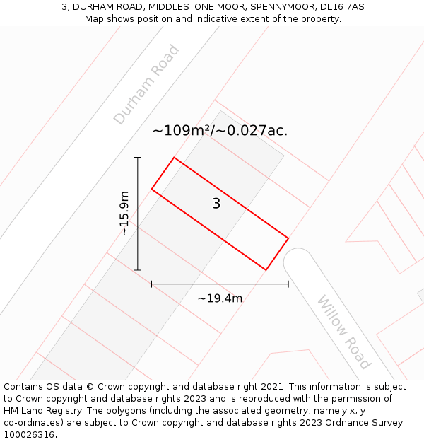 3, DURHAM ROAD, MIDDLESTONE MOOR, SPENNYMOOR, DL16 7AS: Plot and title map