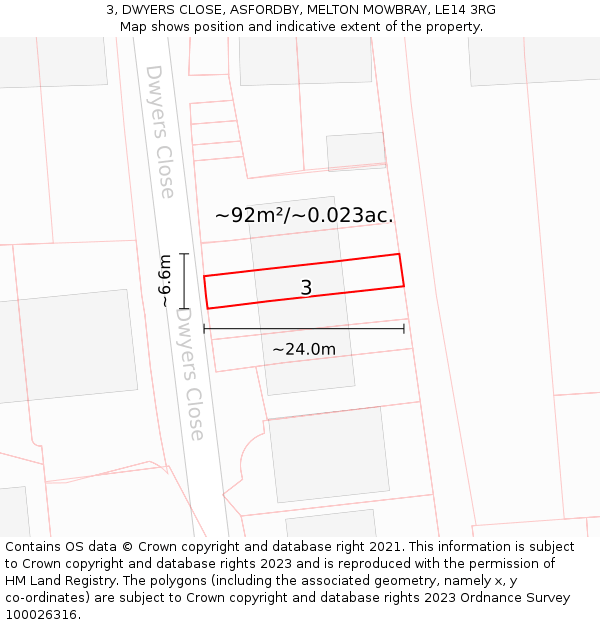 3, DWYERS CLOSE, ASFORDBY, MELTON MOWBRAY, LE14 3RG: Plot and title map