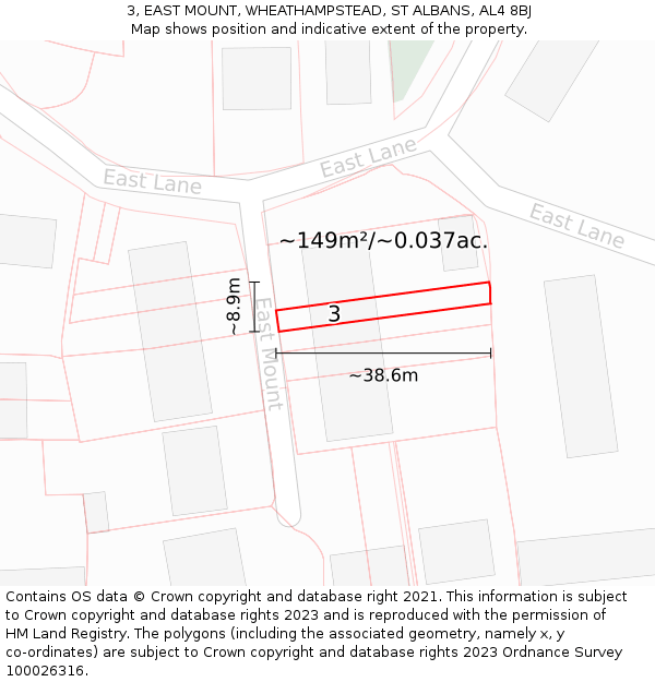 3, EAST MOUNT, WHEATHAMPSTEAD, ST ALBANS, AL4 8BJ: Plot and title map