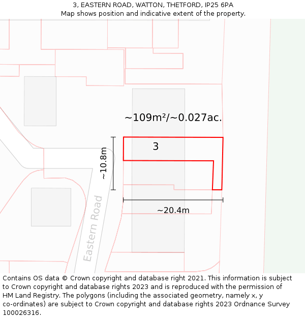 3, EASTERN ROAD, WATTON, THETFORD, IP25 6PA: Plot and title map