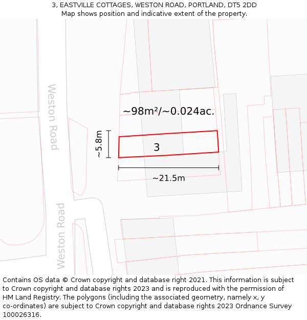 3, EASTVILLE COTTAGES, WESTON ROAD, PORTLAND, DT5 2DD: Plot and title map