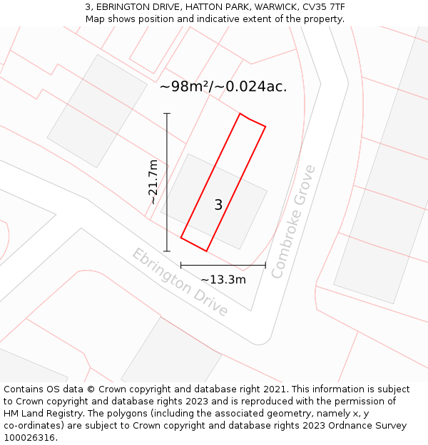 3, EBRINGTON DRIVE, HATTON PARK, WARWICK, CV35 7TF: Plot and title map